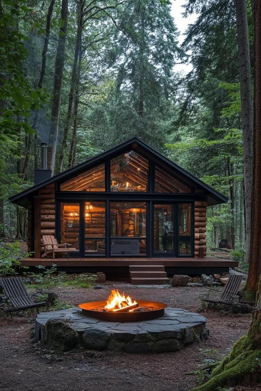 A Woodland Cabin Lit by Firelight